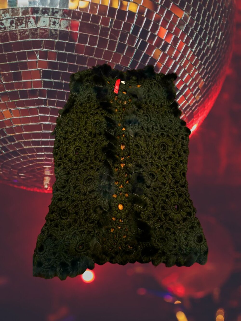 Ku de' Ta Black Crocheted Open Vest Sweater with Real Fur Size 2